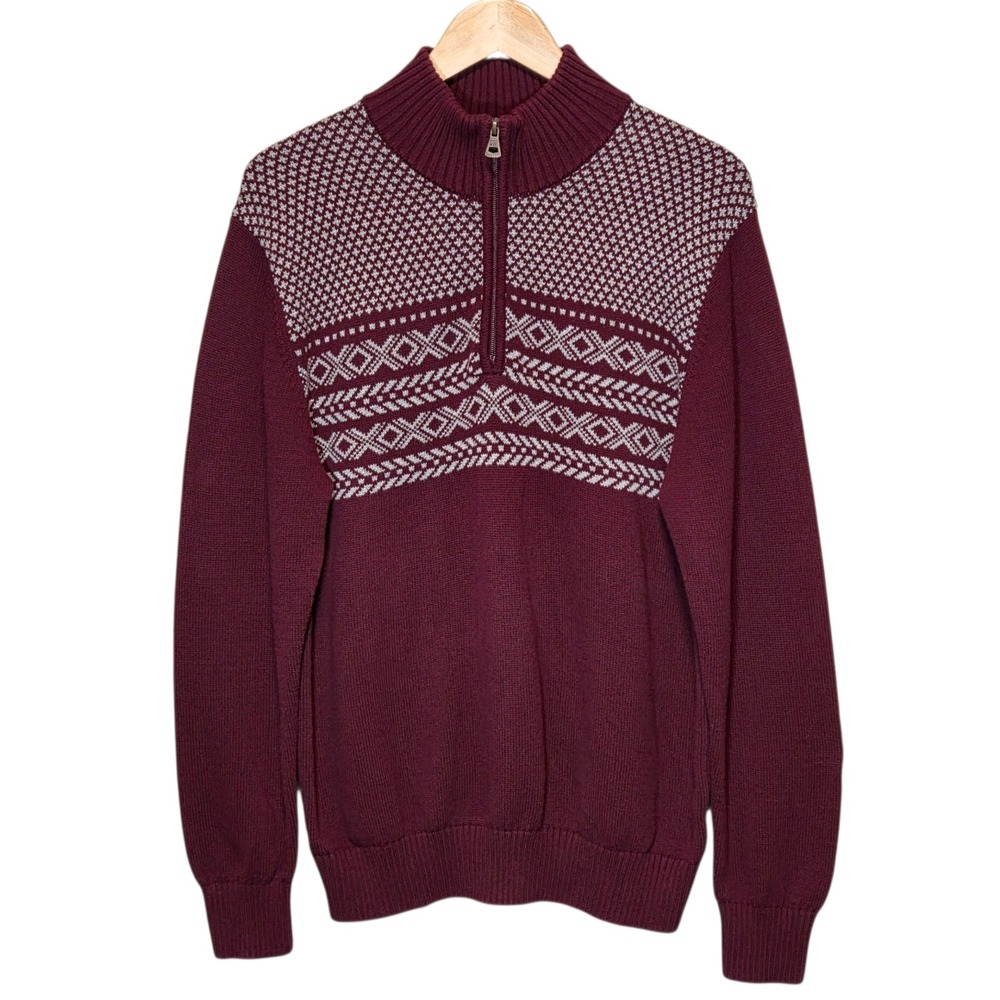 Weatherproof Vintage Holiday Sweater Mens L Burgundy Fair Isle 1/4 Zip Preppy
